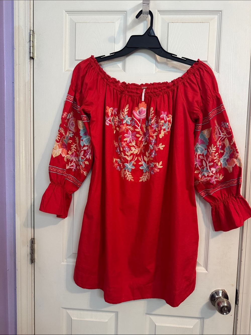 Free People Bright Red Smocked Top with Embroidery